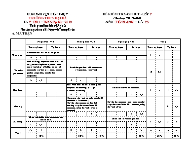 Đề kiểm tra 45 phút môn Tiếng Anh Lớp 7 - Năm học 2019-2020 - Nguyễn Trung Kiên (Có đáp án)